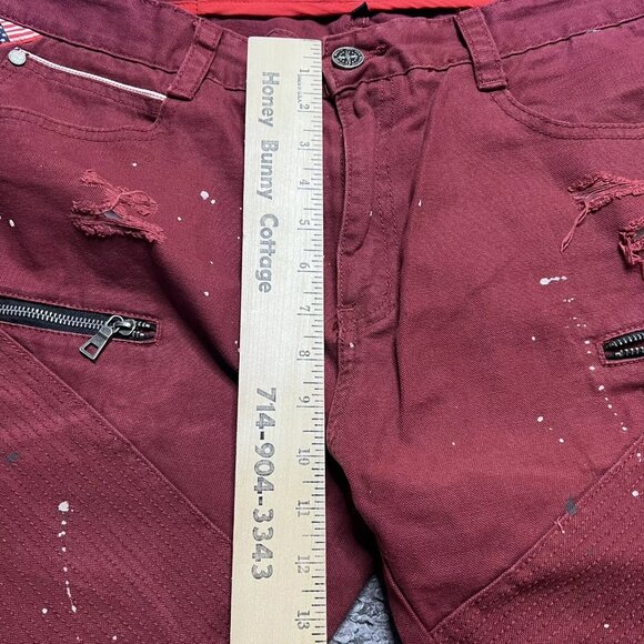Square Zero Jeans Mens 36x33 Red Denim Distressed Biker Slim Paint Zipper Logo - Picture 15 of 16
